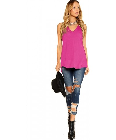 Women's Basic V Neck Longline Dolphin Hem Loose Tunic Tank Top Hot Pink $8.39 Tanks