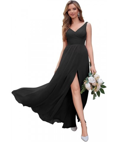 V Neck Chiffon Bridesmaid Dresses Spaghetti Straps Ruched Formal Prom Party Gown A-Line Split Wedding Guest Dress Black $21.8...