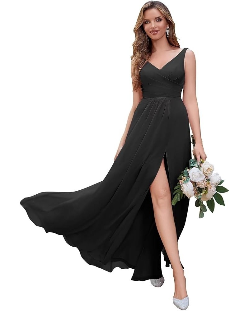 V Neck Chiffon Bridesmaid Dresses Spaghetti Straps Ruched Formal Prom Party Gown A-Line Split Wedding Guest Dress Black $21.8...