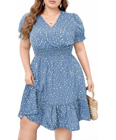 Women's Plus Size Polka Dots Puff Short Sleeve Wrap V Neck A Line Dress Dusty Blue $21.59 Dresses