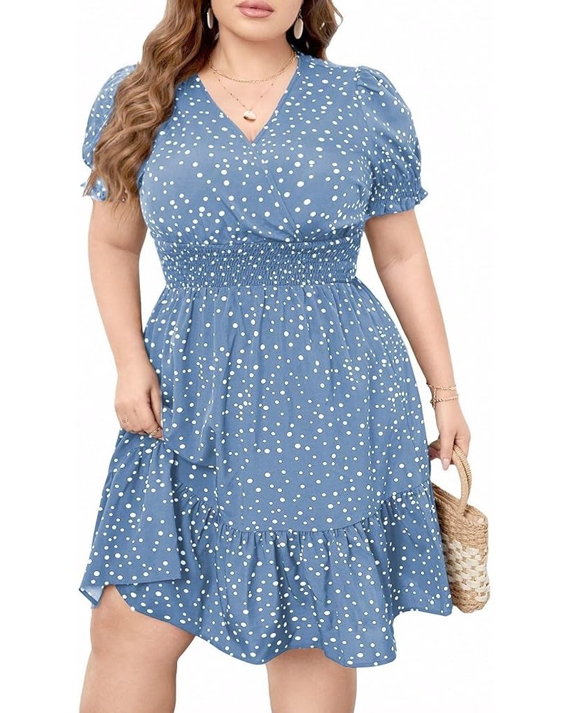 Women's Plus Size Polka Dots Puff Short Sleeve Wrap V Neck A Line Dress Dusty Blue $21.59 Dresses