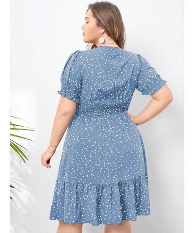 Women's Plus Size Polka Dots Puff Short Sleeve Wrap V Neck A Line Dress Dusty Blue $21.59 Dresses