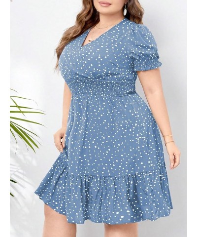 Women's Plus Size Polka Dots Puff Short Sleeve Wrap V Neck A Line Dress Dusty Blue $21.59 Dresses