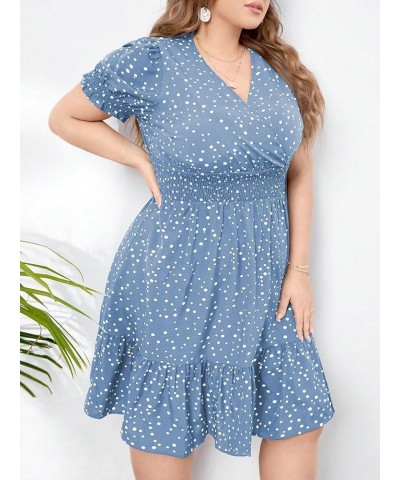 Women's Plus Size Polka Dots Puff Short Sleeve Wrap V Neck A Line Dress Dusty Blue $21.59 Dresses