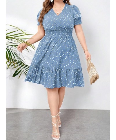 Women's Plus Size Polka Dots Puff Short Sleeve Wrap V Neck A Line Dress Dusty Blue $21.59 Dresses