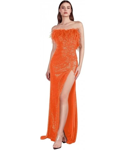 Feather Sequin Prom Dress Long Sparkly Slit Mermaid Formal Evening Gowns Off Shoulder Strapless Party Dress for Women Orange ...