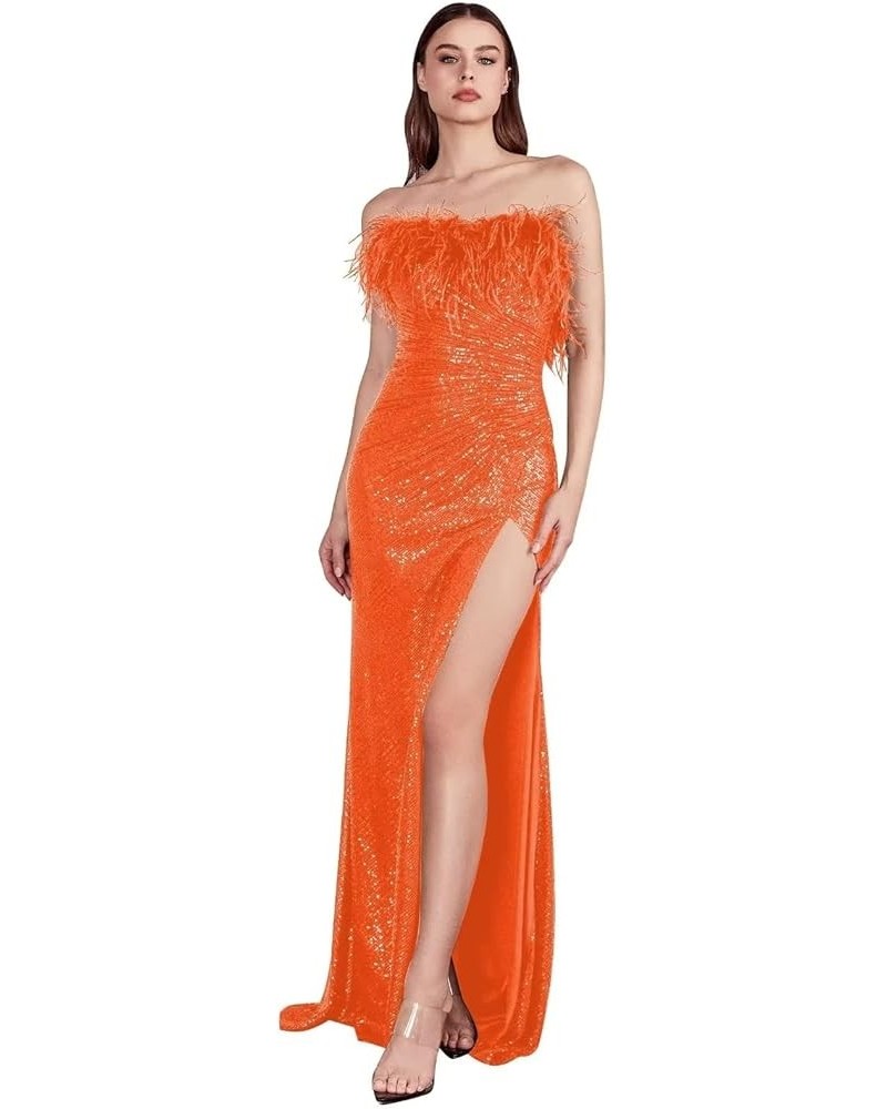 Feather Sequin Prom Dress Long Sparkly Slit Mermaid Formal Evening Gowns Off Shoulder Strapless Party Dress for Women Orange ...