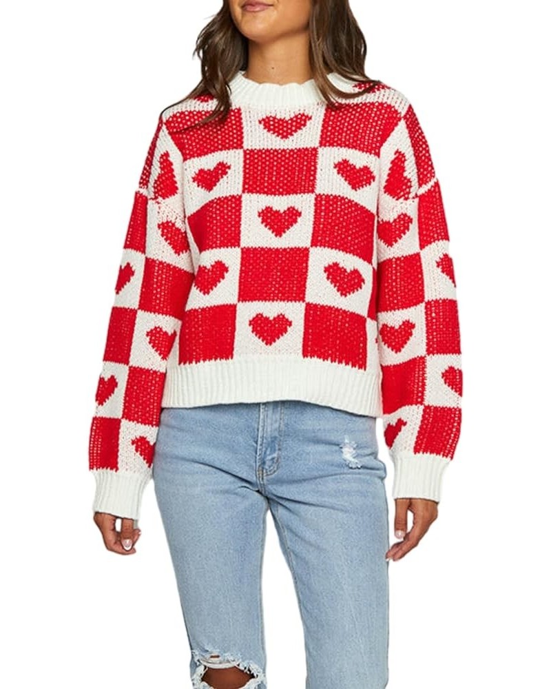 Women's Valentine's Day Knit Sweaters Love Heart Print Long Sleeve Crewneck Pullover Top Casual Kniitwear Sweater G-red Heart...