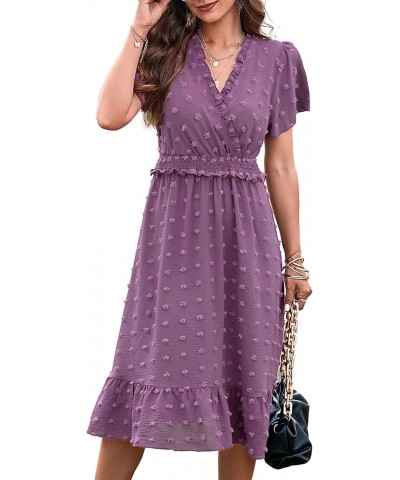 Elegant Short Sleeve V Neck Swiss Dot Midi Summer Dresses for Women 2023 Boho Ruffle Long Dresses Ruffle Cocktail Dress Solid...