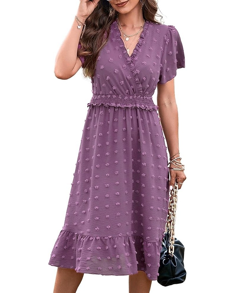 Elegant Short Sleeve V Neck Swiss Dot Midi Summer Dresses for Women 2023 Boho Ruffle Long Dresses Ruffle Cocktail Dress Solid...