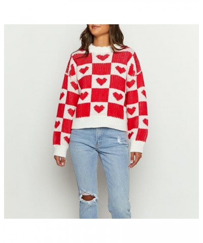 Women's Valentine's Day Knit Sweaters Love Heart Print Long Sleeve Crewneck Pullover Top Casual Kniitwear Sweater G-red Heart...