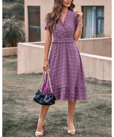 Elegant Short Sleeve V Neck Swiss Dot Midi Summer Dresses for Women 2023 Boho Ruffle Long Dresses Ruffle Cocktail Dress Solid...