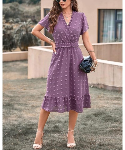 Elegant Short Sleeve V Neck Swiss Dot Midi Summer Dresses for Women 2023 Boho Ruffle Long Dresses Ruffle Cocktail Dress Solid...