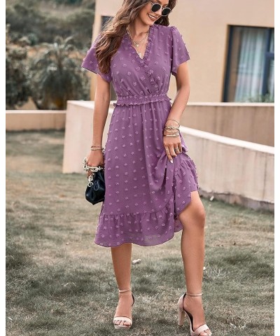 Elegant Short Sleeve V Neck Swiss Dot Midi Summer Dresses for Women 2023 Boho Ruffle Long Dresses Ruffle Cocktail Dress Solid...