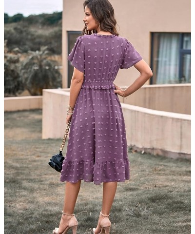 Elegant Short Sleeve V Neck Swiss Dot Midi Summer Dresses for Women 2023 Boho Ruffle Long Dresses Ruffle Cocktail Dress Solid...