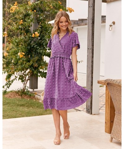 Elegant Short Sleeve V Neck Swiss Dot Midi Summer Dresses for Women 2023 Boho Ruffle Long Dresses Ruffle Cocktail Dress Solid...