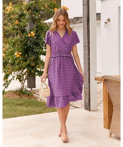 Elegant Short Sleeve V Neck Swiss Dot Midi Summer Dresses for Women 2023 Boho Ruffle Long Dresses Ruffle Cocktail Dress Solid...