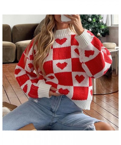 Women's Valentine's Day Knit Sweaters Love Heart Print Long Sleeve Crewneck Pullover Top Casual Kniitwear Sweater G-red Heart...