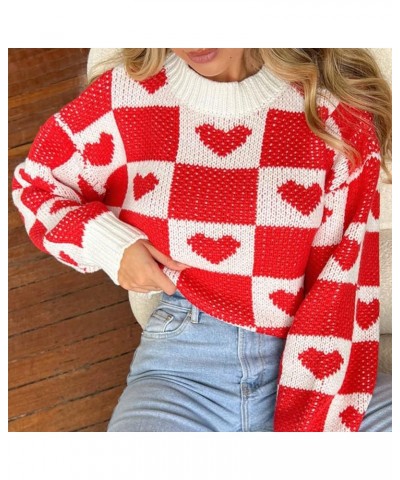 Women's Valentine's Day Knit Sweaters Love Heart Print Long Sleeve Crewneck Pullover Top Casual Kniitwear Sweater G-red Heart...