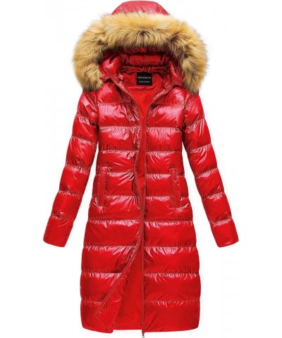 Women's Long Winter Faux Fur Coat Puffer Warm Jacket with Detachable Hood Shine Red $23.17 Jackets