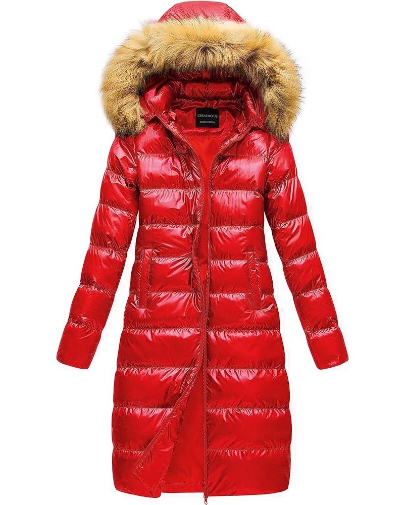 Women's Long Winter Faux Fur Coat Puffer Warm Jacket with Detachable Hood Shine Red $23.17 Jackets