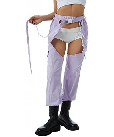 Women Buckle Bottomless Pants Sexy High Waist Rave Chaps Hollow Out Cargo Crotch Pants See Through Long Rave Leggings Pocket ...