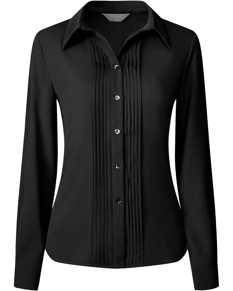 Women's Work Top Button Down Long Sleeve Pleated Front Blouse Black $18.04 Blouses