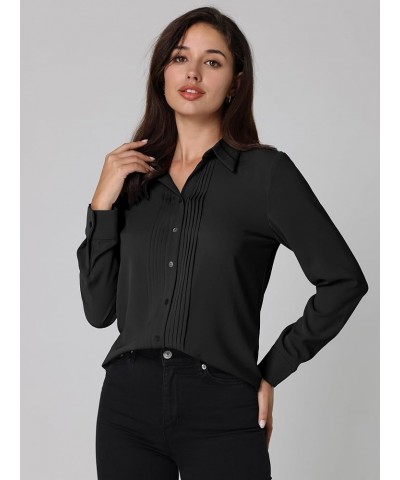 Women's Work Top Button Down Long Sleeve Pleated Front Blouse Black $18.04 Blouses