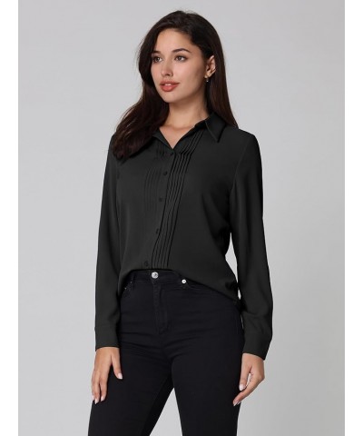 Women's Work Top Button Down Long Sleeve Pleated Front Blouse Black $18.04 Blouses