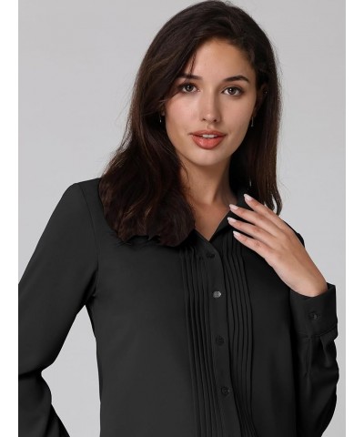 Women's Work Top Button Down Long Sleeve Pleated Front Blouse Black $18.04 Blouses