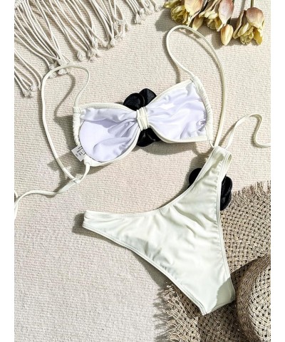 Women's 2 Piece 3D Flower Rose Bikini Tie Back High Cut Bikini Set Swimsuit Bathing Suit Beachwear Beige $14.96 Swimsuits