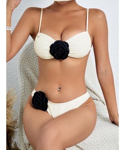 Women's 2 Piece 3D Flower Rose Bikini Tie Back High Cut Bikini Set Swimsuit Bathing Suit Beachwear Beige $14.96 Swimsuits