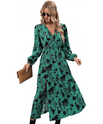 Women's Allover Print Bishop Long Sleeve V Neck Slit Hem A Line Dress Green $21.42 Dresses