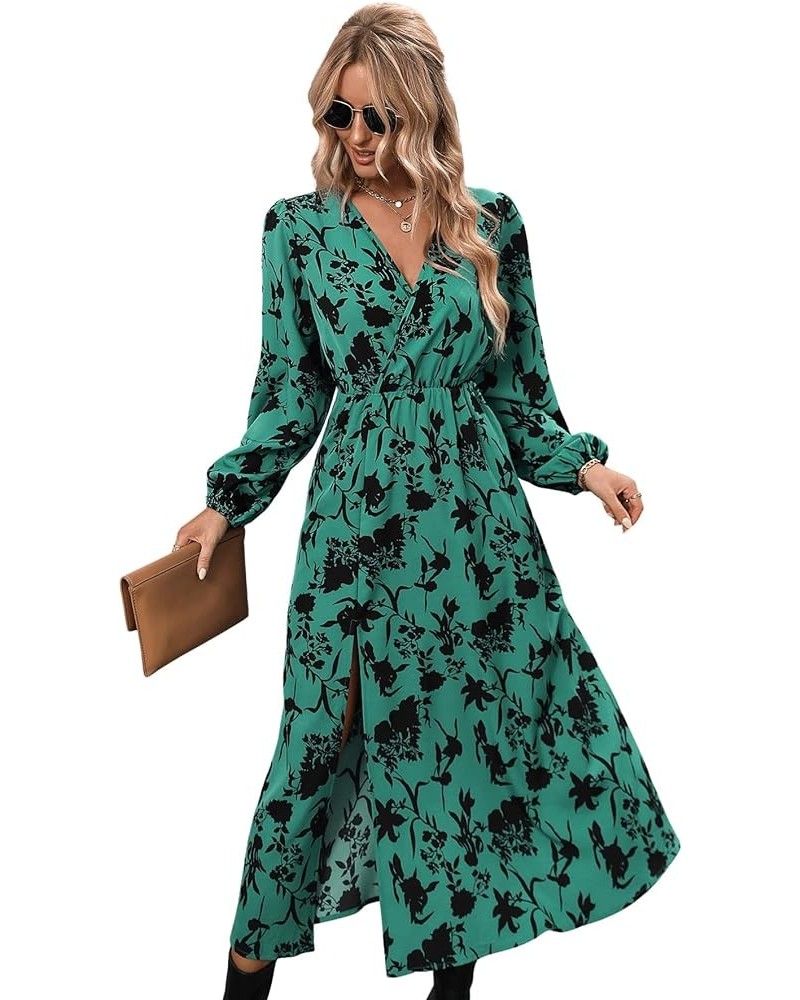 Women's Allover Print Bishop Long Sleeve V Neck Slit Hem A Line Dress Green $21.42 Dresses