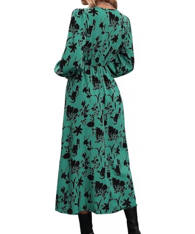 Women's Allover Print Bishop Long Sleeve V Neck Slit Hem A Line Dress Green $21.42 Dresses