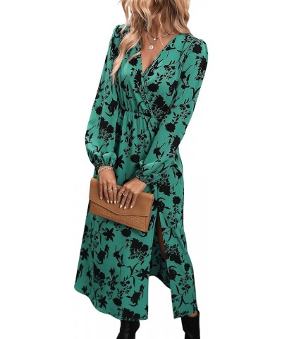 Women's Allover Print Bishop Long Sleeve V Neck Slit Hem A Line Dress Green $21.42 Dresses