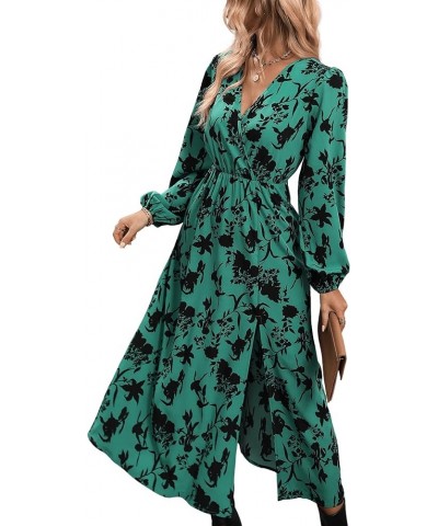 Women's Allover Print Bishop Long Sleeve V Neck Slit Hem A Line Dress Green $21.42 Dresses