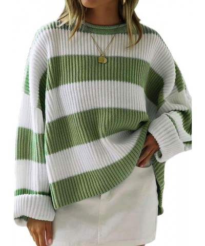 Fall Sweaters for Women Long Sleeve Crewneck Striped Pullover Sweater Color Block Loose Oversized Knit Top Green $13.94 Sweaters