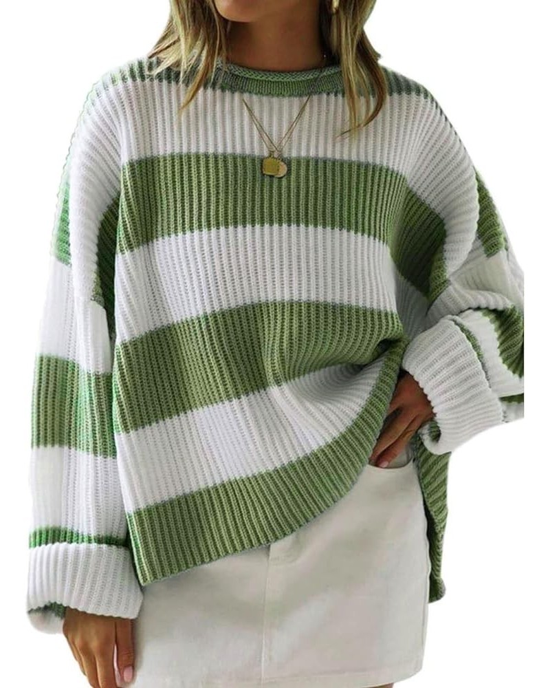 Fall Sweaters for Women Long Sleeve Crewneck Striped Pullover Sweater Color Block Loose Oversized Knit Top Green $13.94 Sweaters