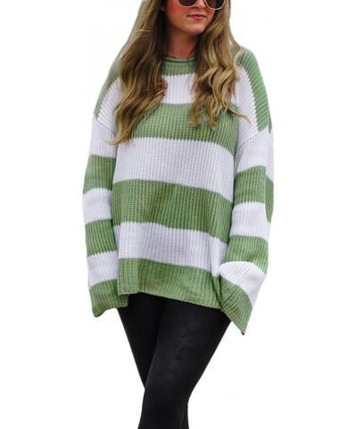 Fall Sweaters for Women Long Sleeve Crewneck Striped Pullover Sweater Color Block Loose Oversized Knit Top Green $13.94 Sweaters