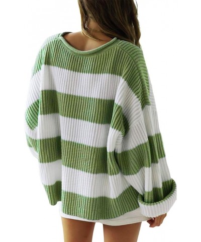 Fall Sweaters for Women Long Sleeve Crewneck Striped Pullover Sweater Color Block Loose Oversized Knit Top Green $13.94 Sweaters