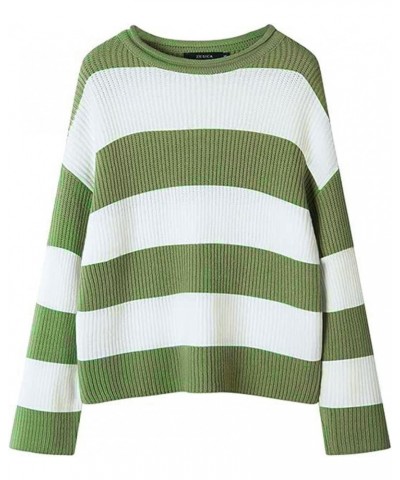 Fall Sweaters for Women Long Sleeve Crewneck Striped Pullover Sweater Color Block Loose Oversized Knit Top Green $13.94 Sweaters