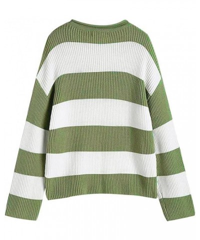 Fall Sweaters for Women Long Sleeve Crewneck Striped Pullover Sweater Color Block Loose Oversized Knit Top Green $13.94 Sweaters