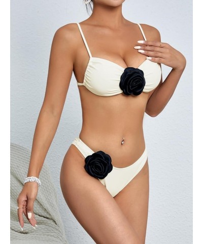 Women's 2 Piece 3D Flower Rose Bikini Tie Back High Cut Bikini Set Swimsuit Bathing Suit Beachwear Beige $14.96 Swimsuits