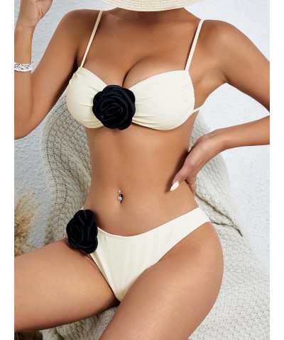 Women's 2 Piece 3D Flower Rose Bikini Tie Back High Cut Bikini Set Swimsuit Bathing Suit Beachwear Beige $14.96 Swimsuits