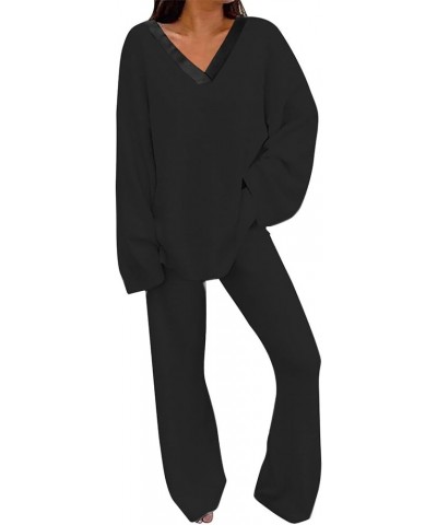 Womens Pajamas Set V Neck Sexy Comfy Plus Size Sleepwear Long Sleeve Wide Leg Loose Soft Fuzzy Warm Lounge Sets D-black $16.9...