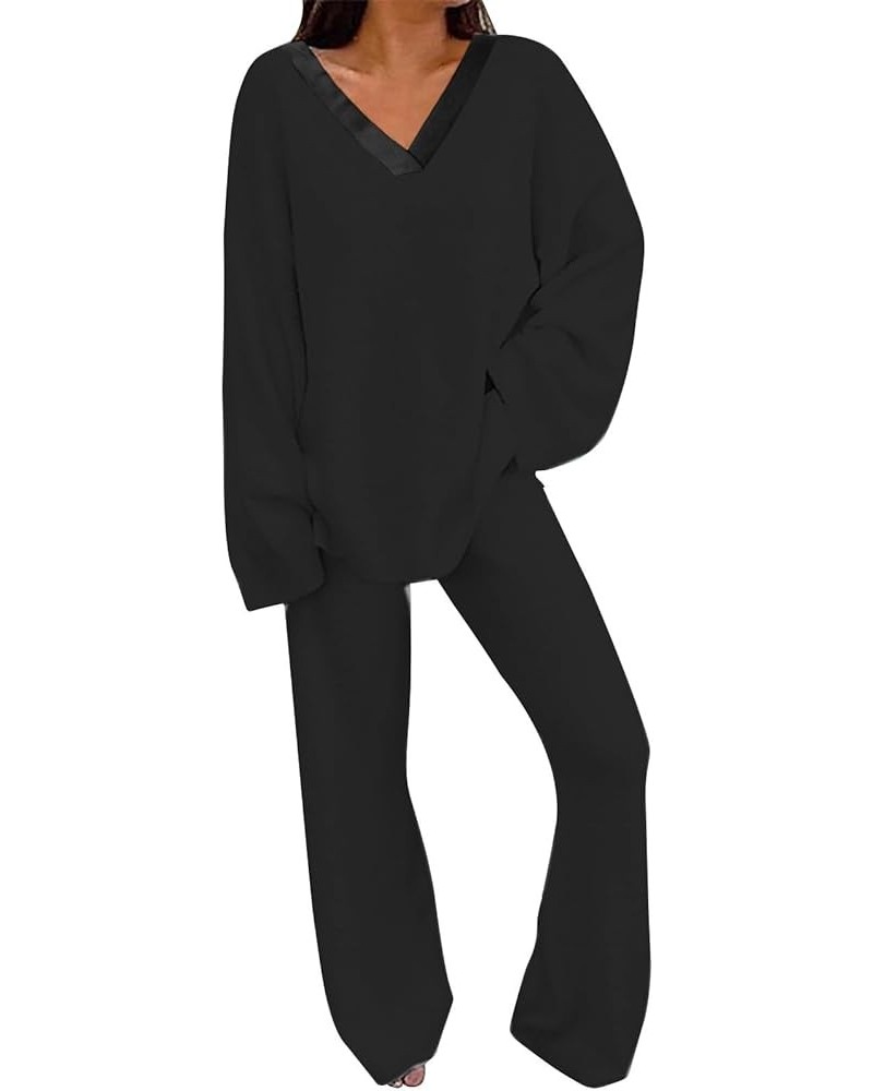 Womens Pajamas Set V Neck Sexy Comfy Plus Size Sleepwear Long Sleeve Wide Leg Loose Soft Fuzzy Warm Lounge Sets D-black $16.9...