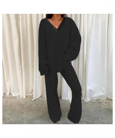 Womens Pajamas Set V Neck Sexy Comfy Plus Size Sleepwear Long Sleeve Wide Leg Loose Soft Fuzzy Warm Lounge Sets D-black $16.9...