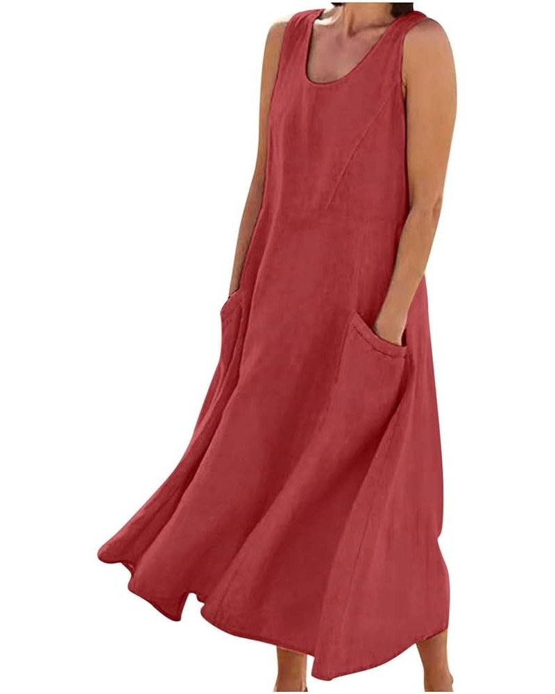 Summer Dresses for Women 2024 Casual Sleeveless Cotton Linen Dresses Loose Fit Beach Dress Maxi Dress with Pockets 02 Red $8....