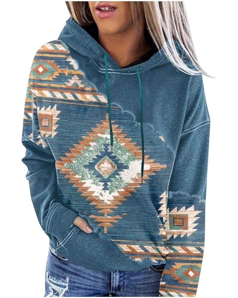 Western Aztec Hoodies for Women Geometric Print Cowgirl Ethnic Style Pullover Top Drawstring Long Sleeve Sweatshirt Z08-blue ...